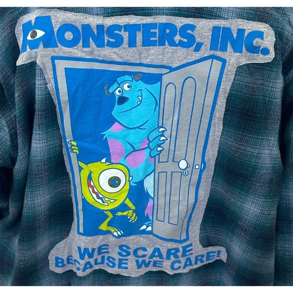 Monsters Inc Flannel Plaid Shirt MEDIUM Oversized Unique Upcycled Sully Mike - Picture 2 of 6